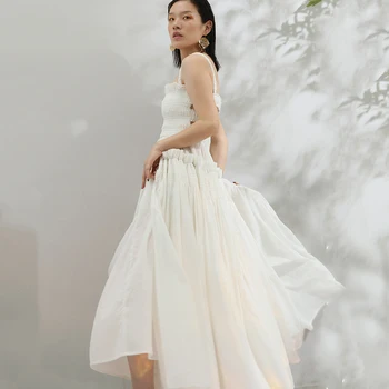 [EAM] 2021 Naujas Vasaros Stebėjimo Atgal Tuščiaviduriai Iš Aikštės Plisuotos Slim Didelis Apačia Balta Temperamentas Suknelė Moterų Mados JF548