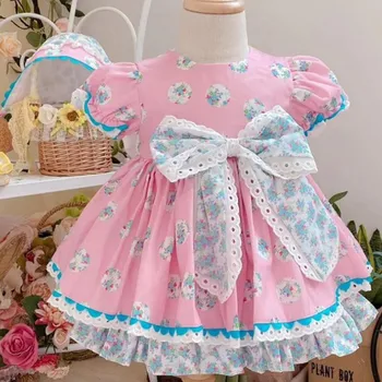2021 Vasaros baby girl derliaus ispanijos spausdinti princesė dress vaikai sluoksniuotos rankovėmis lankas susiuvimo kamuolys suknelė šalis suknelė