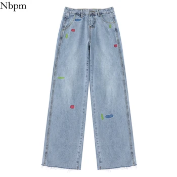 Nbpm Naujas 2021 Korėjos Mados Spalvų Siuvinėjimo Dizainą Baggy Jeans Džinsai Moteris Didelio Juosmens Pločio Kojų Džinsai, Kelnės Mergaitėms Streetwear