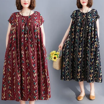 Trumpas rankovės medvilnės skalbiniai derliaus juostele gėlių suknelės moterims atsitiktinis palaidų ilgai moteris, vasaros suknelė elegantiškas drabužius 2021