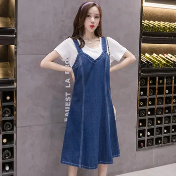 2021 M. Vasarą Moterys Džinsinio Sundress Sarafan Darbo Drabužiai Suknelės Korėjos Stiliaus Kietosios Linijos, Džinsai Suknelė Plus Size Vestidos