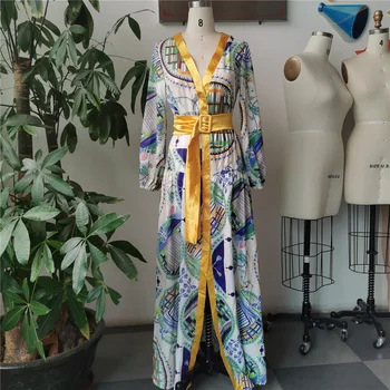 Geometrinis Spausdinti Y2K Ilgos Suknelės Moterims 2021 Plius Dydžio Seksualus V-Kaklo Padalinta Vasaros Suknelė su Diržo Atsitiktinis Maxi Cardigan Skraiste