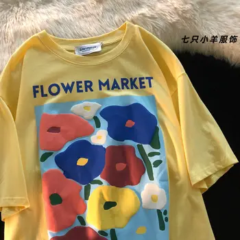 Medvilnės Pavasario ir Vasaros Naujų Stiliaus Japonų Harajuku Retro Gėlių Spausdinti marškinėliai Vyrams ir Moterims Mėgėjams Grafinis T Marškinėliai
