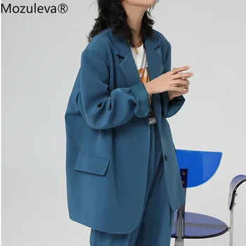 Mozuleva 2021 Prašmatnus Prarasti Šviesiai Mėlynos Moterų Švarkas Rudenį Vieną Mygtukai Moterų Kostiumas Striukė Visiškai Rankovės Outwear Švarkas Femme