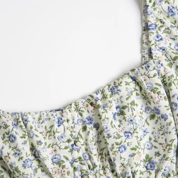 Vasaros moterų atsitiktinis gėlių spausdinti kvadratinių kaklo, trumpas rankovėmis slim-fit marškinėliai
