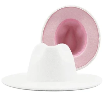 Baltos spalvos su rožinės spalvos fedoras mados skrybėlę fetrinė skrybėlė moterims spalva sumaišyti džiazo skrybėlę fedora skrybėlę baltos spalvos su rožinės spalvos fedoras