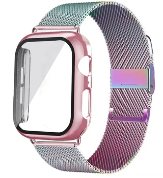 Stiklas+Case+diržu, Apple watch band 44mm 40mm 38mm 42mm Priedai vaivorykštė Magnetine kilpa apyrankę iwatch serijos 3 4 5 6 se