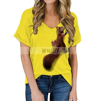 Moterų Voverė T-Shirt Puikus Grafinis Marškinėliai Gyvūnų 3D Spausdinimo Medvilnės V-kaklo Marškinėliai Mielas Viršūnes Merginos Pet Tees