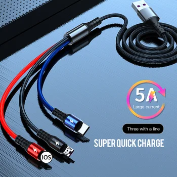 3 In 1, 5A USB Pintas Anti-Pertrauka Greito Įkrovimo Kabelis 8 Pin C Tipo Mikro Super Charge Cable For IPhone 
