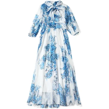 Banulin 2021 m. Vasaros Mados kilimo ir tūpimo Tako Derliaus Midi Suknelė Moterims Sluoksniuotos rankovėmis Elegantiškas Lankas Diržo Gėlių Spausdinti Šifono Suknelė Vestdios