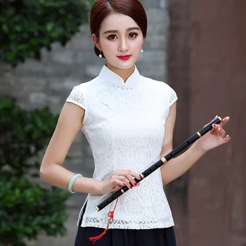 SHENG KOKOSŲ Ponios Balta Nėrinių Palaidinė Qipao Viršūnes Kinijos Vintage Stiliaus Drabužių Palaidinė Moterims Dėvėti Tangzhuang Drabužius Haut Chinois